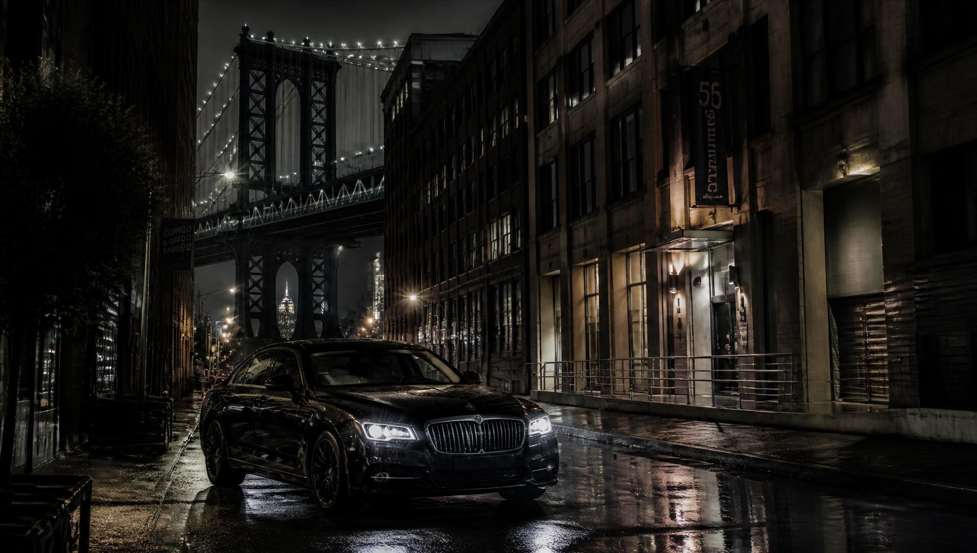 Black luxury sedan on a rain-soaked New York street beneath the Manhattan Bridge at night