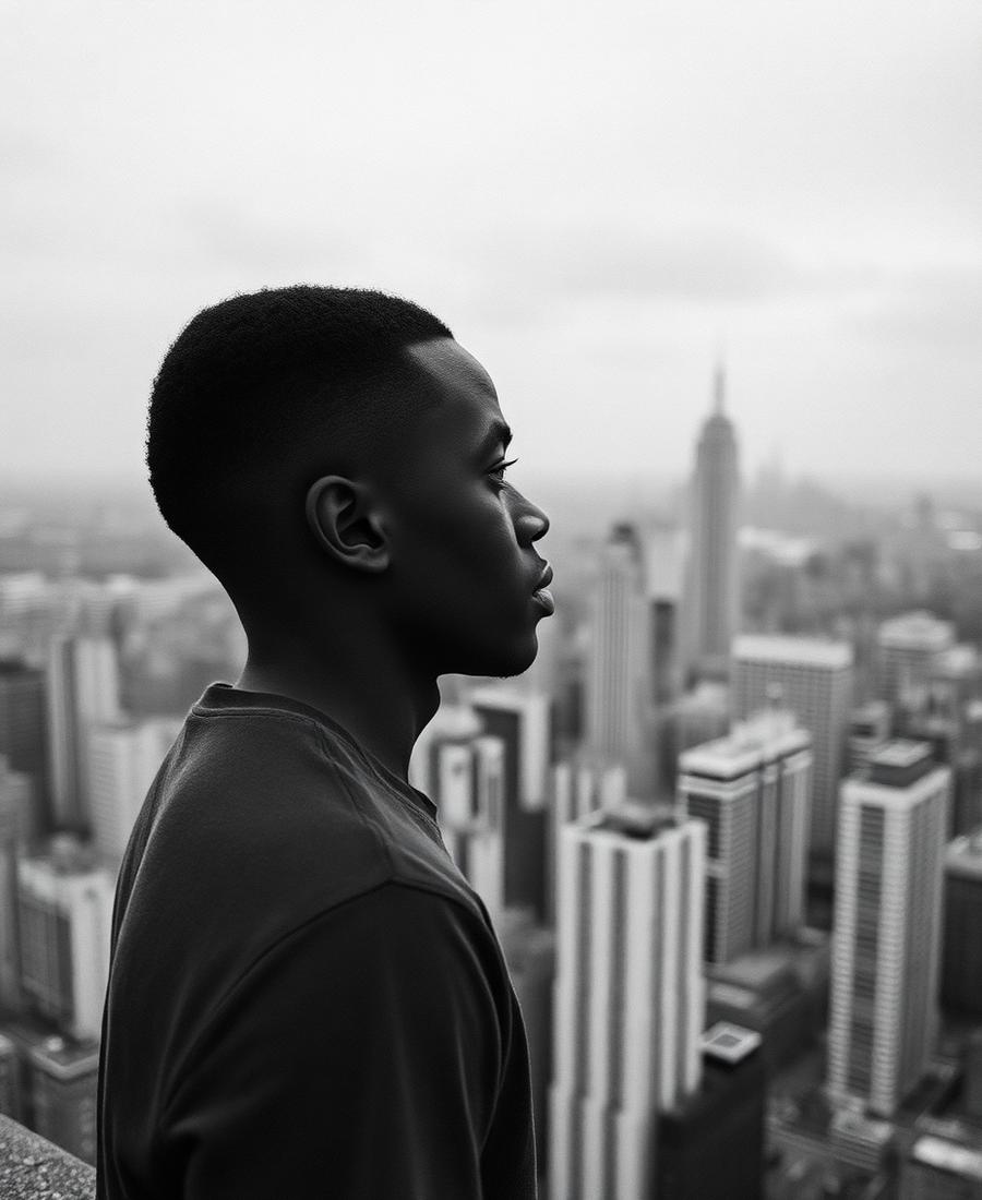 Young man looking out over a city skyline